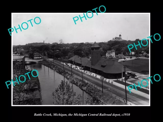 Old Large Historic Photo Of Battle Creek Michigan The M/C Railroad Station 1910