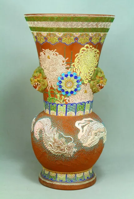 * MAGNIFICIENT Meiji (1868-1912) Japanese TOKONAME Enameled Terracotta Vase 19"