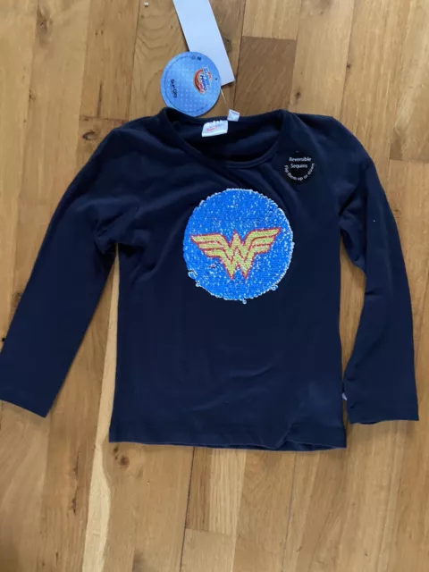 SUPER HERO Girls BLUE Logo T-Shirt Reversible Sequins Age 6 Yrs 116cm DC BNWT