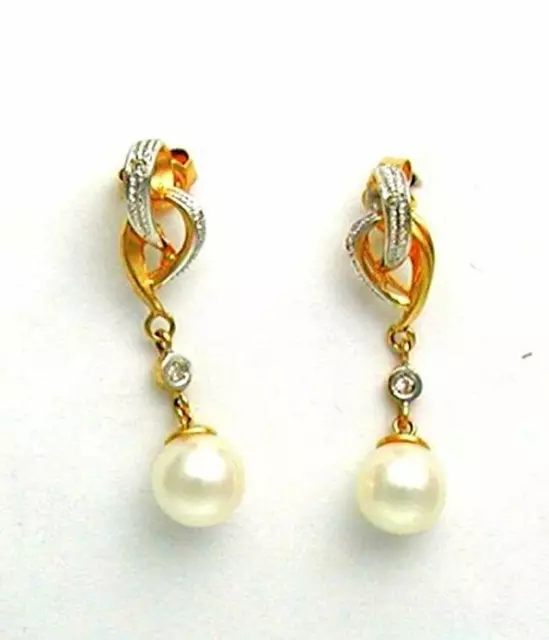 Pearl Earrings Cultured Pearl Drop and Diamonds on 14k Gold with Post Earrings