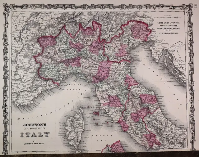 Authentic Antique 1863 Johnson Atlas Map ~ NORTHERN ITALY ~ (14x18) -#1440