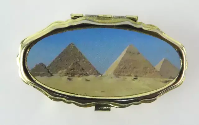 Mini SEWING KIT Miniature Pill Box Gold Tone Hinged EGYPT PYRAMIDS - NEW