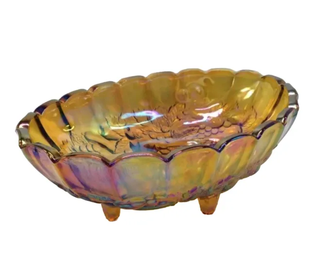 Vintage Indiana Carnival Glass Large Oval Footed Fruit Bowl Amber Harvest Grape