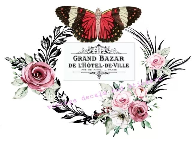 Furniture Decal Transfer Image French  Wreath Pink Flowers Butterfly Typography