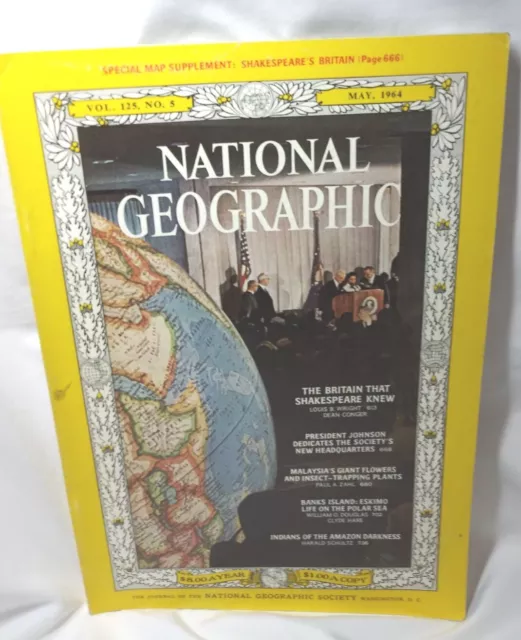 National Geographic May 1964 Shakespeare's Britain.  Malaysia's bug trap  plants