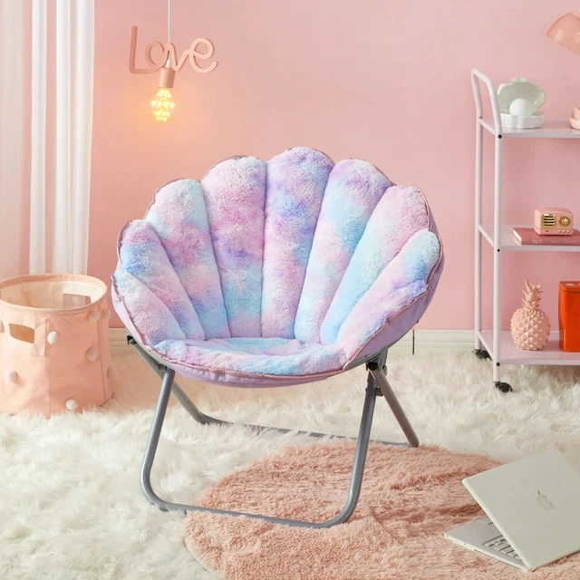 Faux Fur Scallop Folding Saucer Chair with Holographic Trim, Purple Tie Dye