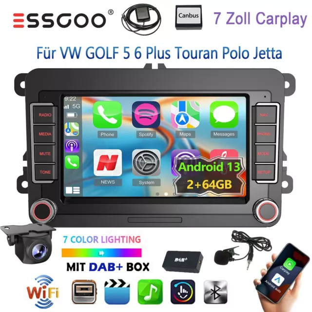 DAB+ 64G Carplay Android 13 Autoradio NAVI Für VW GOLF 5 6 Touran Polo 6R Tiguan