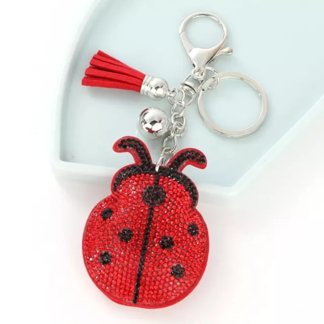 Ladybird Keyring Keychain Crystal Rhinestone Faux Suede Sparkly Bag Purse Zipper