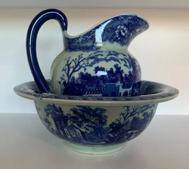 Large Blue and White Transfer Printed Jug and Bowl