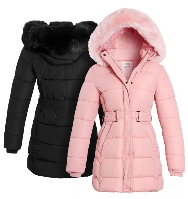 Girls Coat Fleece Jacket  Quilted Padded Premium Faux Fur Pink Age 3 to 14 Years