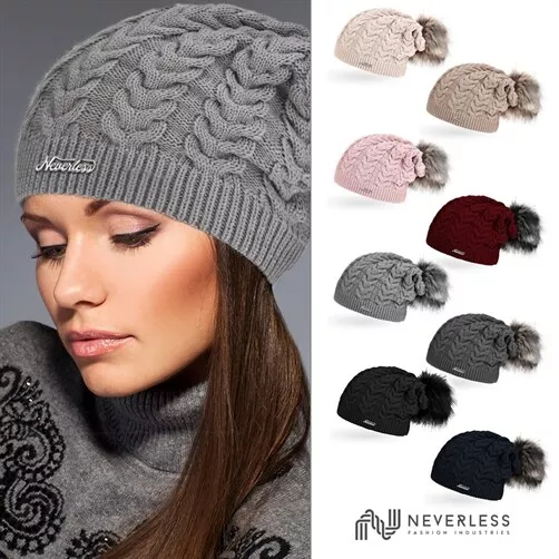 coole Damen Strickmütze Strick-Beanie gefüttert Fell-Bommel Winter-Mütze