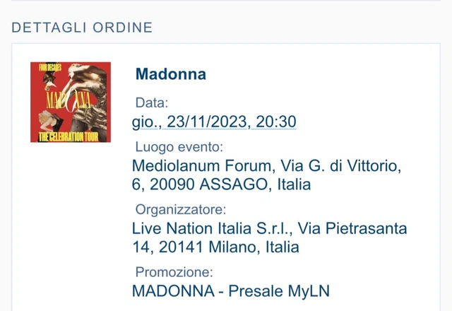 Biglietto Concerto Madonna Settore 'C'  Milano 23/11/2023