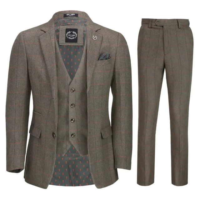 Mens 3 Piece Tweed Suit Retro Herringbone Check Jacket Waistcoat Trousers Fitted