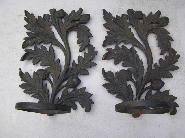 (2) Large Iron Wall Sconce oil Lamp Holders Oak Leaf & Acorn
