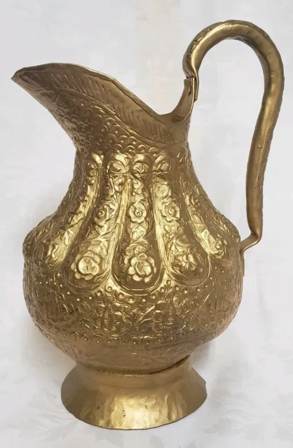 Vintage Antique Handcrafted Ornate Repousse Brass /Copper Pitcher Jug Approx 12"