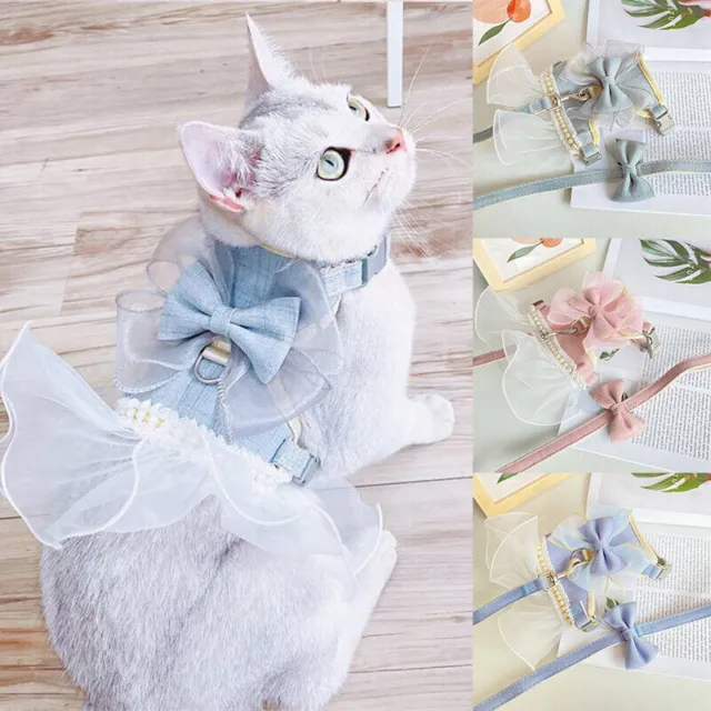 Dog Harness Dress Lead Pearl Bowtie Cute Girl Cat Vest Clothes Fancy Small Pet