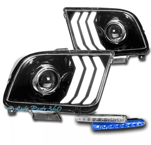 For 05-09 Ford Mustang LED Tube Projector Black Headlight +Blue DRL Signal LH+RH