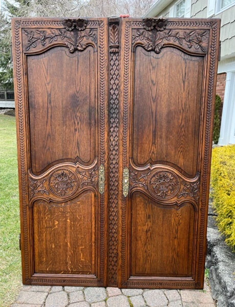 Antique Oak Armoire Doors *Carving & Original Hardware*