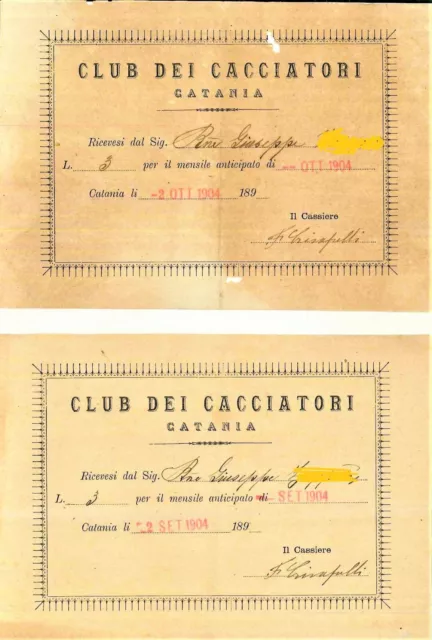 Club De Cazadores Por Catania 2 Antiguas Recibos Pago 1904