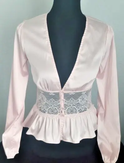 Womens Long Sleeve Top Size S Windsor Pink Peplum Blouse V-neck Lace Peasant