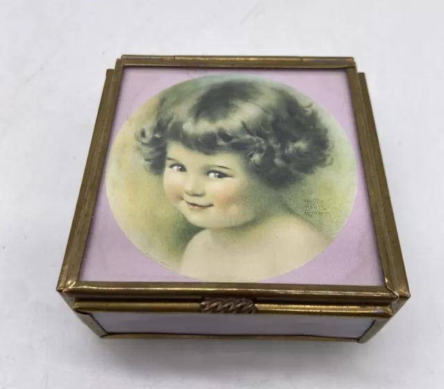 Vintage Pink Stained Glass & Brass Jewelry Trinket Box Bessie Pease Girl On Top