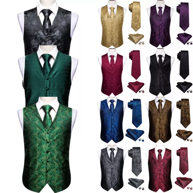 Mens Waistcoat Black Blue Red Paisley Dress Vest Neck Tie Hankie Set Suit Tuxedo