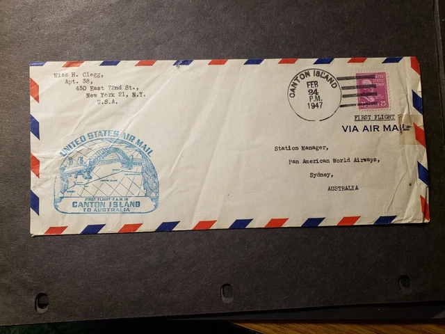 CANTON ISLAND to SYDNEY, AUSTRALIA 1947 Flight Air Mail Cover FAM-19 Cachet