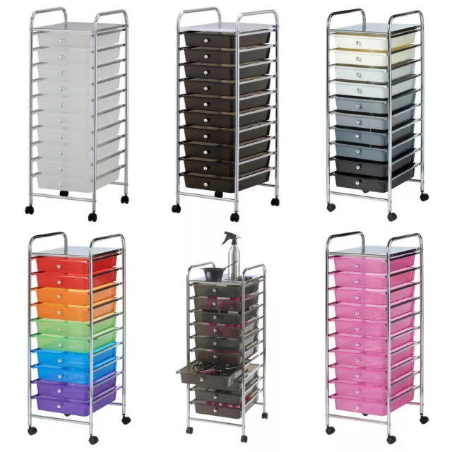 10 Plastic Drawer Chrome Trolley 4 Wheel Home Office Beauty Salon Storage Unit