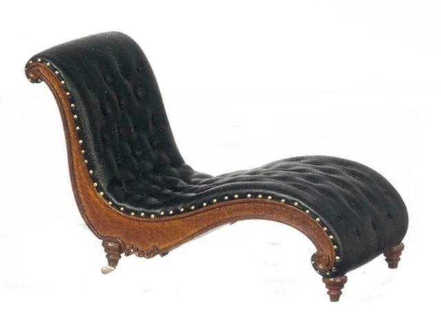 Dolls House Art Deco Chaise Longue Walnut Buttoned Black Leather JBM Furniture