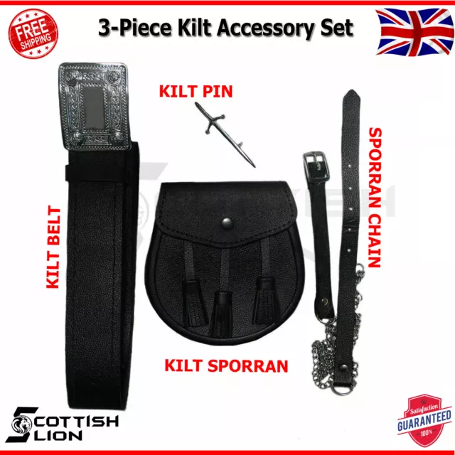 Scottish Highland  Men's Kilt Accessories 3 Pcs Set Sporran, Belt, Kilt's Pin