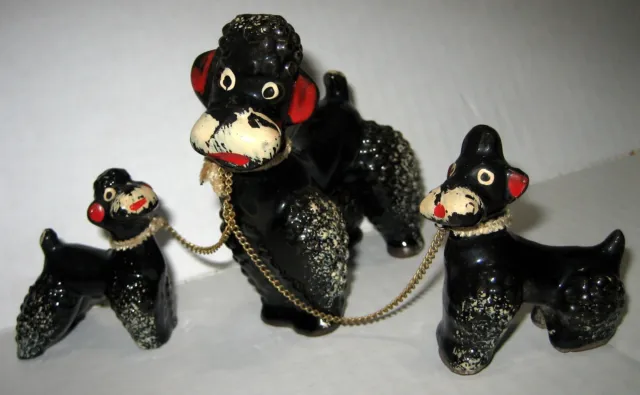 Vintage Black Mother Poodle Dog & Two Puppies Redware Figurines Japan