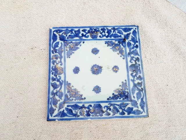Vintage Rare Art Nouveau Blue Floral Gold Work Architecture 7.3" Tile Original 3
