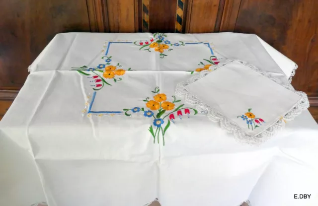 NAPPE +  6 SERVIETTES VINTAGE  100 X 100 neuve   BRODERIE FLORALE   métis ou lin