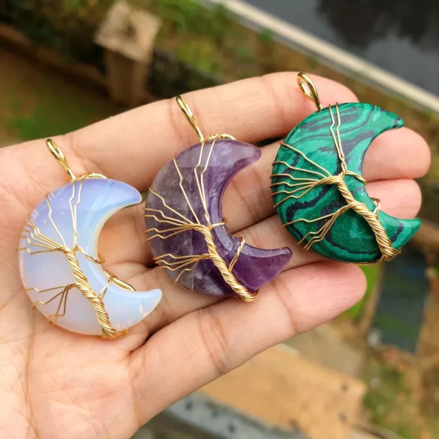 3pcs Mix Gems Stone Tree Of Life Pendants Moon Chakra Reiki Healing Amulet