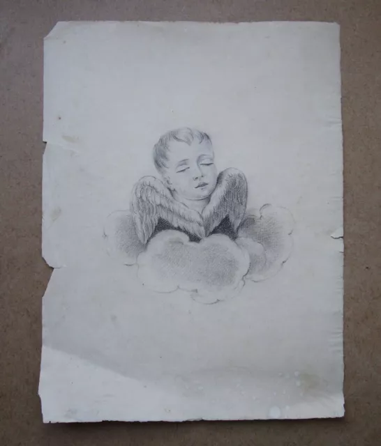 Ancien très beau dessin XIXe au crayon, non signé, angelot ange aux yeux fermés.
