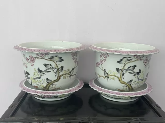 Antique Pair Of Chinese Famille Porcelain Planters With Saucers