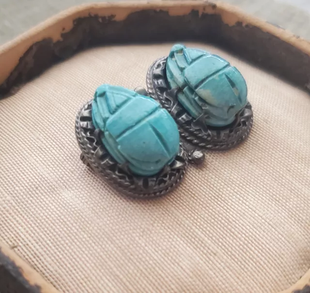 Vintage Sterling Turquoise Blue Faience Double Scarab Pin Egyptian Hallmarks