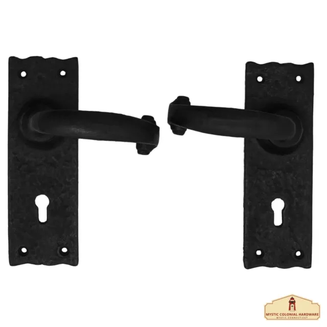 Front Door Handle Lever Entry Set Cast Iron with Scalloped Backplate 6 inches