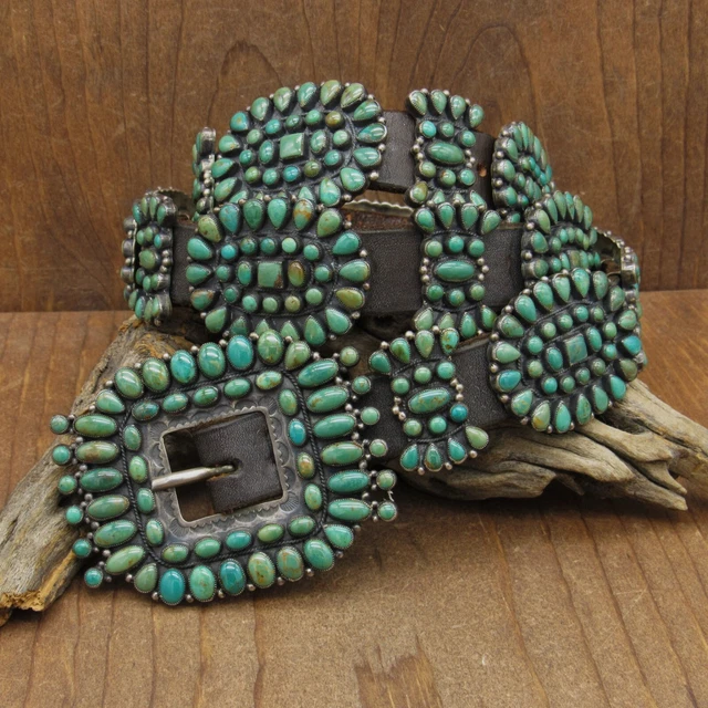 Vintage Sterling Silver and Green Turquoise Concho Belt by Don Lucas Vintage Sterling Silver and Green Turquoise Concho Belt by Don Lucas