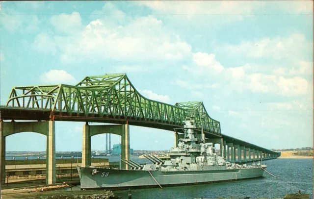 Postcard USS Massachusetts battleship cove Fall River Massachusetts