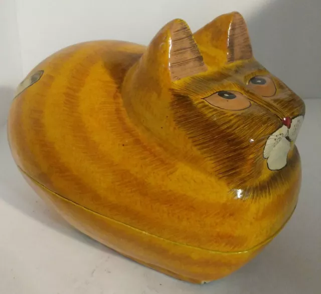 Vintage Paper Mache Fat Yellow Tabby Cat Folk Art Hand Painted Trinket Box 8" L