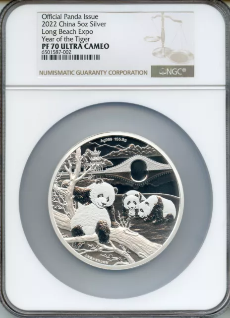 China 2022 Long Beach 5oz Silver Panda, Year of the Tiger,   NGC PROOF 70 !