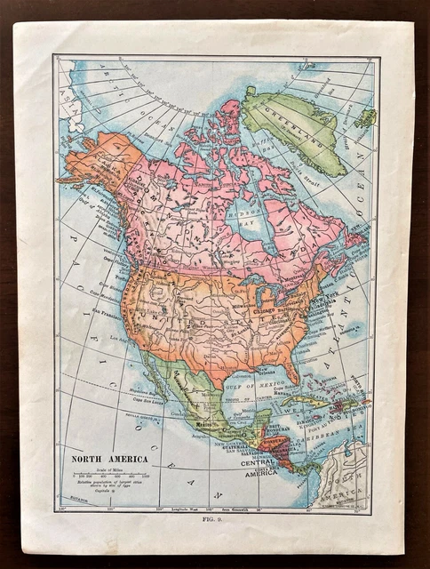 AUTHENTIC 1910 ORIGINAL Color Map ~ Physical Map of NORTH AMERICA ...
