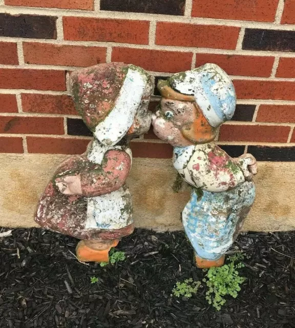 RARE Antique Vintage Cement Concrete Garden Statues - Dutch Boy and Girl -Unique