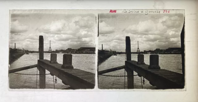 PARIS RIVES DE LA SEINE A GRENELLE PLAQUE VERRE STEREO 6x13 VUE STEREOSCOPIQUE