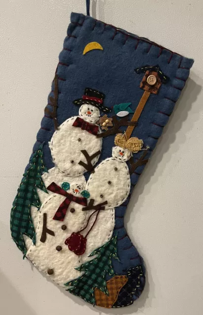Vintage Blue Primitive Penny Felt Applique Christmas Stocking Snowman