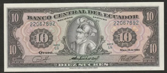 1980 Ecuador 10 Sucre Note Unc