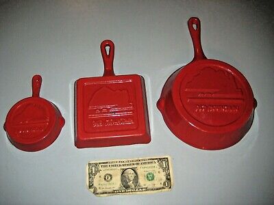 3 SMALL/MINIATURE OLD MOUNTAIN CAST IRON SKILLETS Red Enamel Finish
