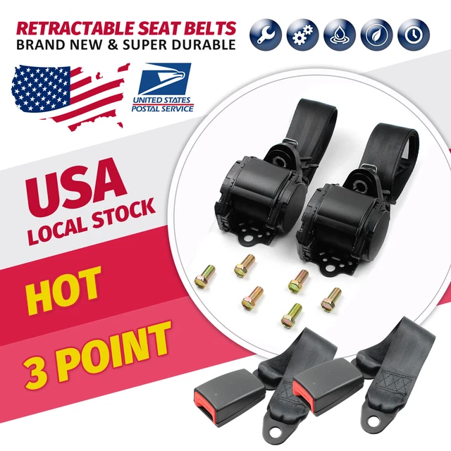 2 Pack Black Universal 3 Point Retractable Adjustable Car Seat Belt
