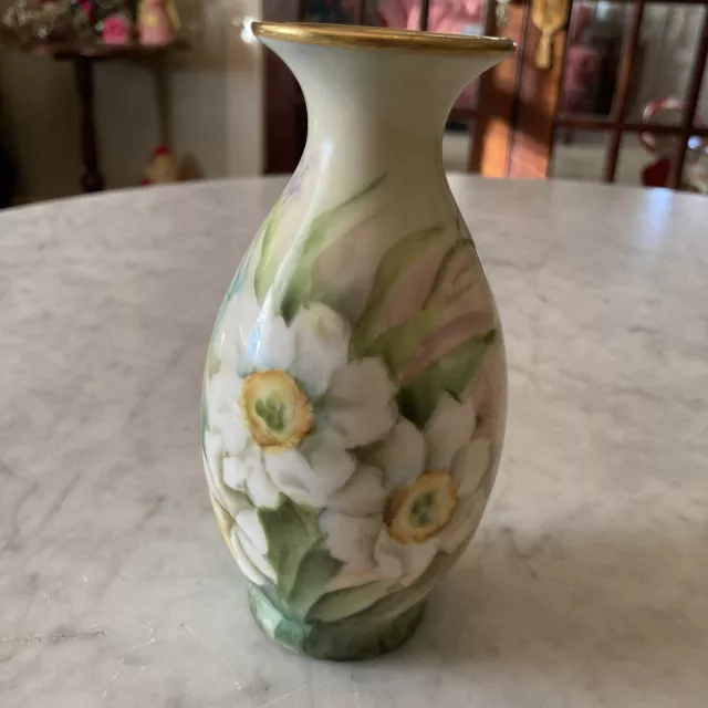 Antique Porcelain Art Nouveau Vase With Daffodils , Signed,Rich Gold Trim,5.25”